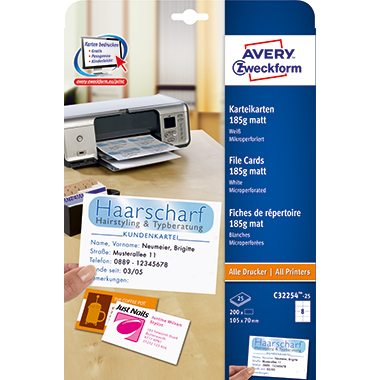 Karteikarten PC Avery Zweckform C32254-25 weiß 105x70mm