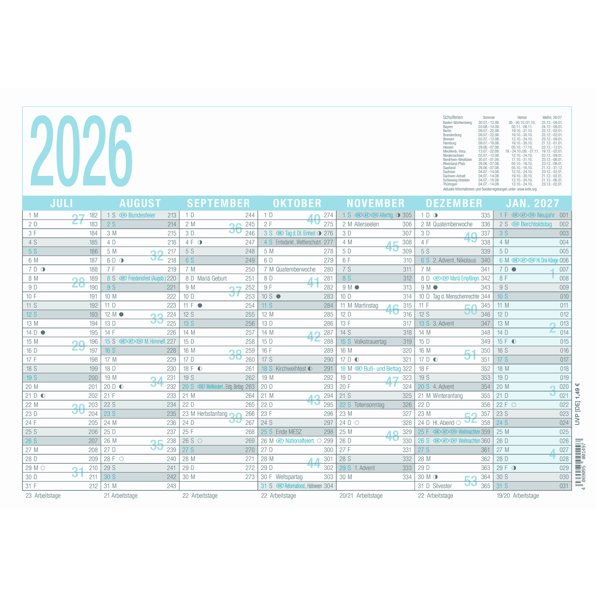 Tafelkalender Zettler A4 1S/7M Türkis Arbeitstagekalender