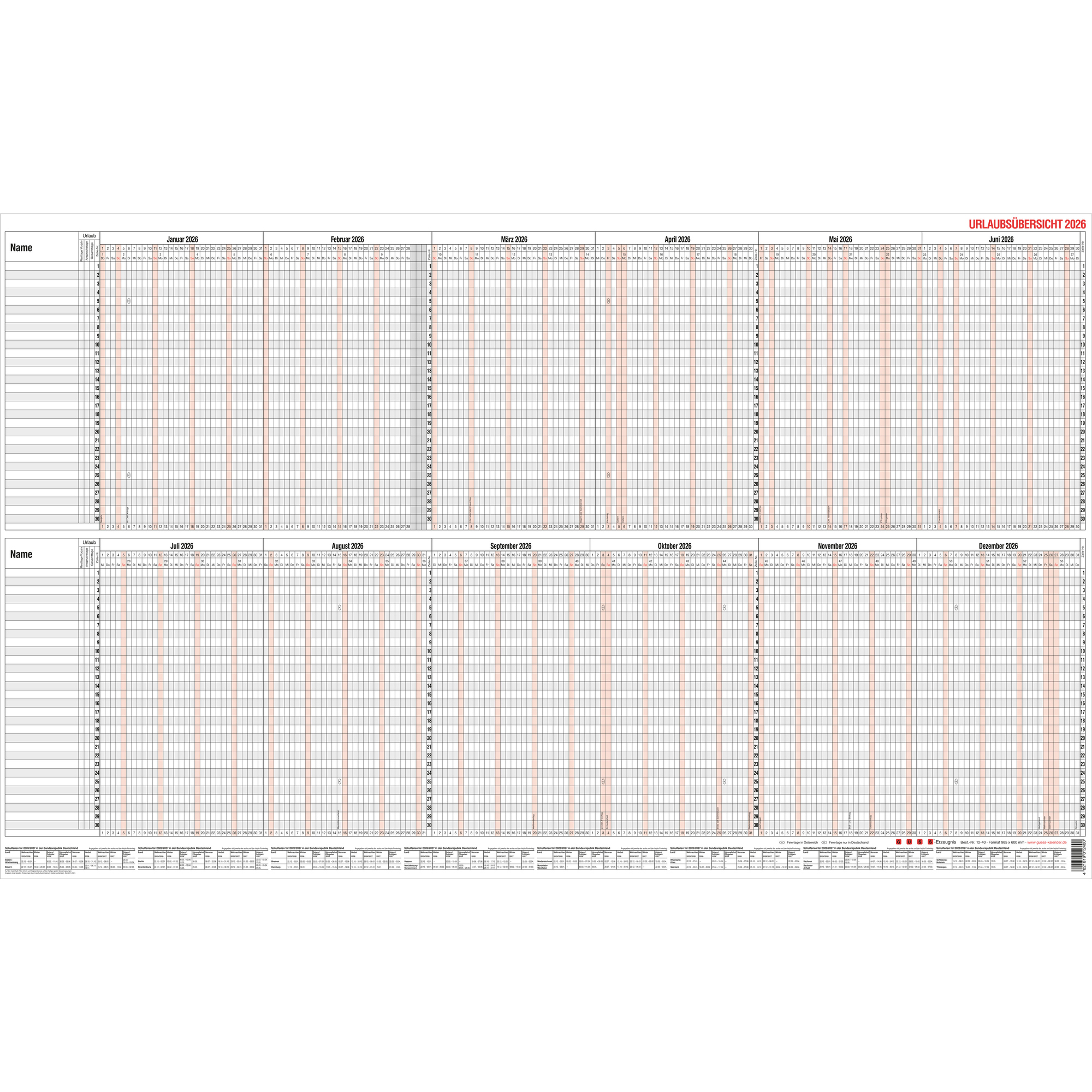 Urlaubsplaner Güss 12-40 für 30 Personen 12-40 , 12 Monate, 190G Karton, 98,5X60