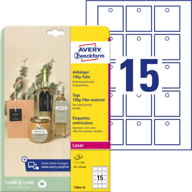 Anhänger Avery Zweckform T3003-10 50x50mm weiß Folie 10 Stück