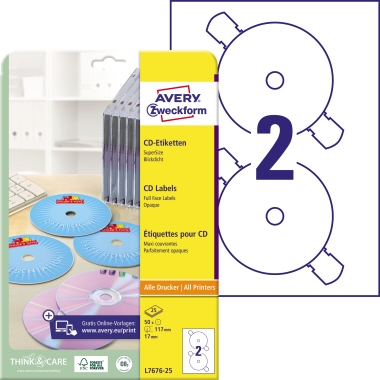 Etikett CD/DVD Avery Zweckform L7676-25 Ø-117mm weiß 50 St.