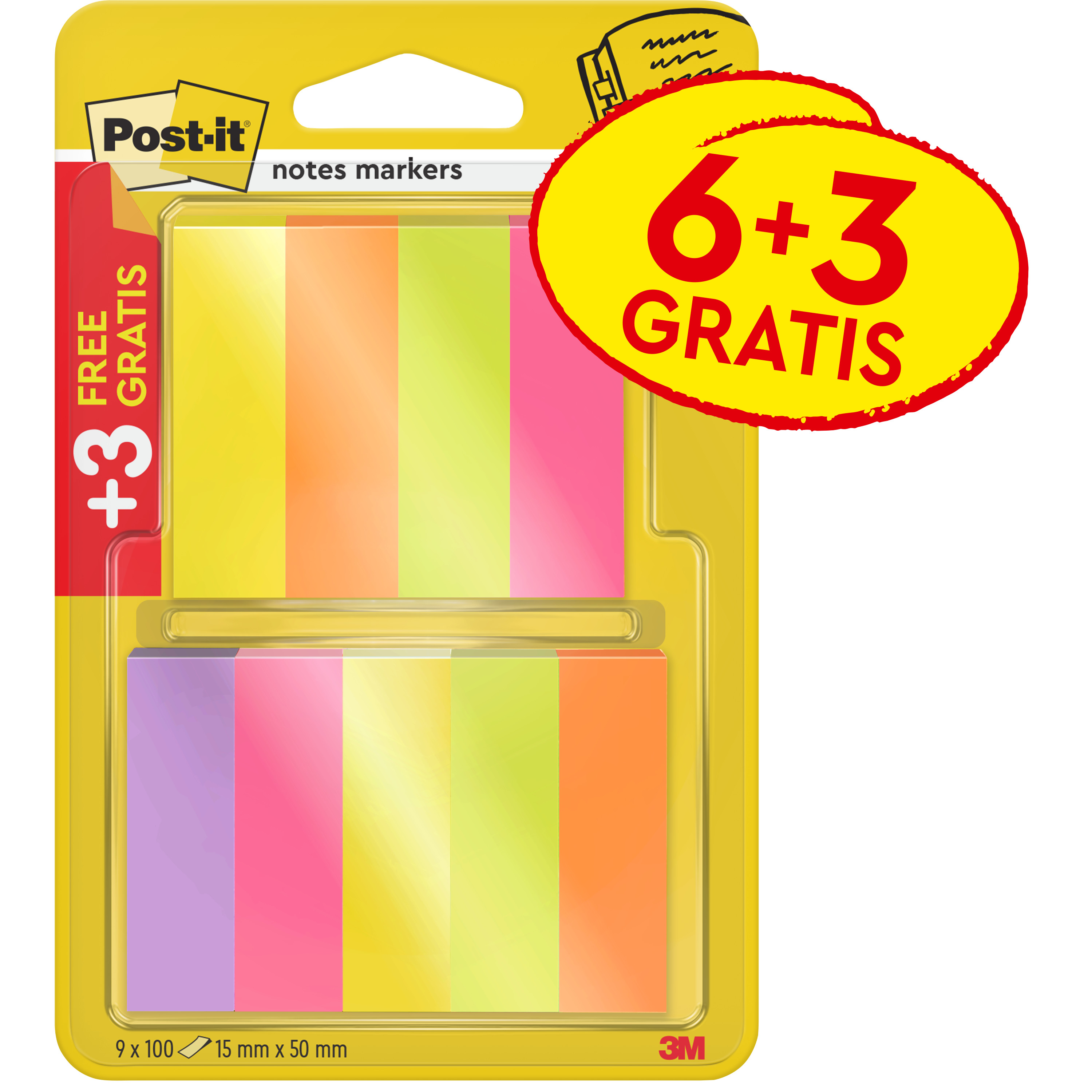 Haftmarker Post-It 670-6+3 15x50mm 9 Blöcke, Davon 3 Blöcke Gratis. 9 X 100