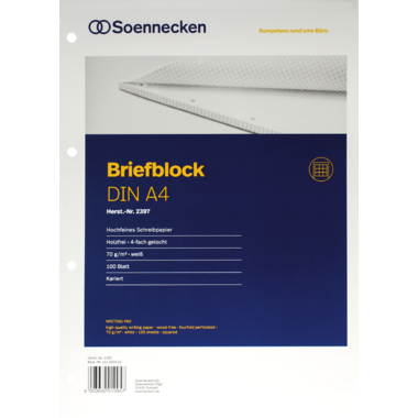 Briefblock Soennecken 2397 DIN A4 4fach gelocht kariert 100 Blatt weiß