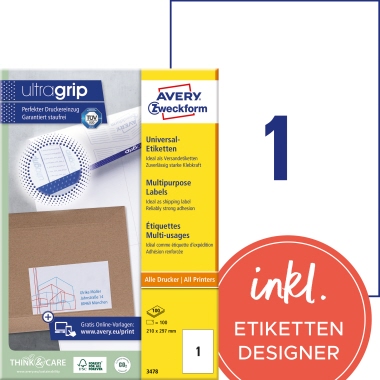Etikett Avery Zweckform 3478 210x297mm weiß 100 St.