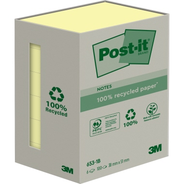 Haftnotiz Post-it® 653-1B 38 x 51mm recycling gelb 6 Stück