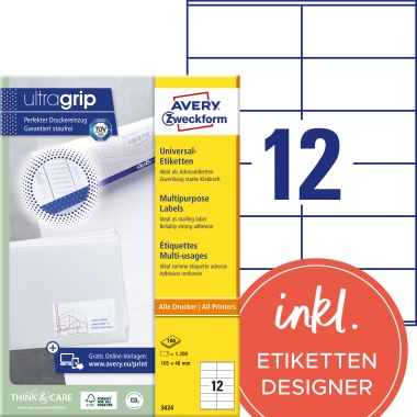 Etikett Avery Zweckform 3424 105x48mm weiß 1.200 St.