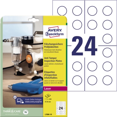 Prüfplaketten Avery Zweckform L7806-10 A6 Ø-30mm weiß 240 Stück