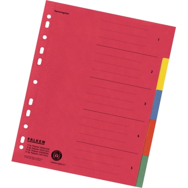 Register Falken A4 blanko 5tlg. farbig Karton, Überbreite, Volle Höhe