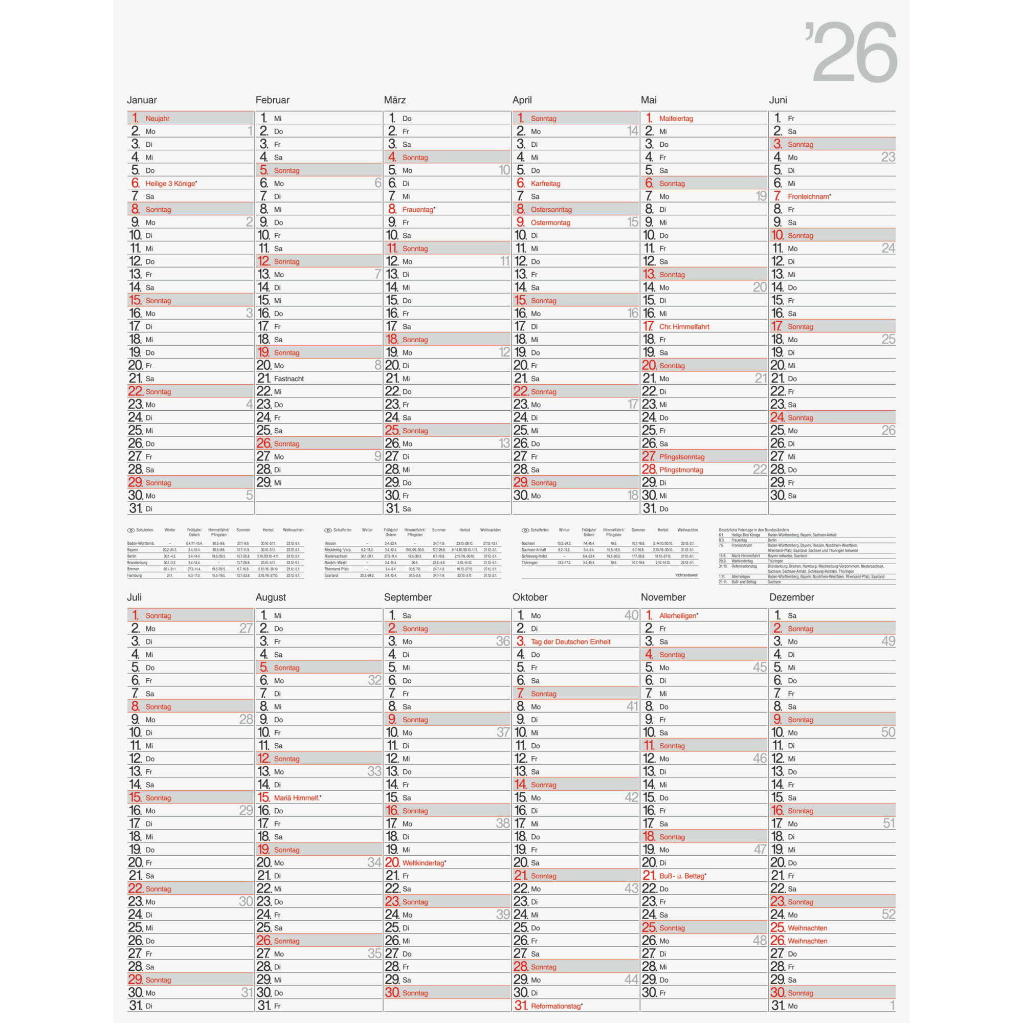 Plakatkalender rido 7033665 70x100cm Vertikal 1 Seite= 12 Monate schwarz/rot