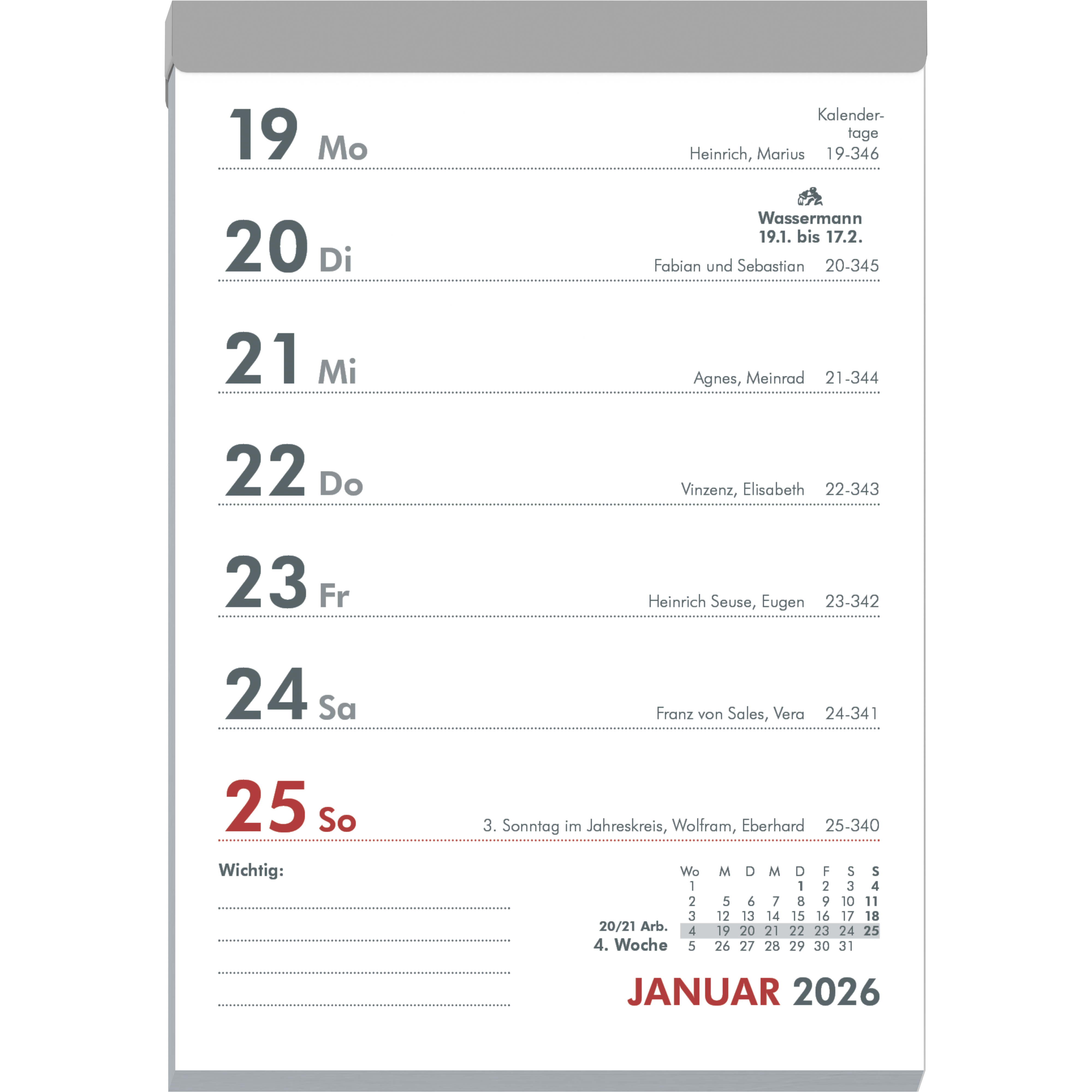 Abreisskalender Zettler 325-0000 1W/1S 10,5x15cm, Sonn-und Feiertage Hervorgeh