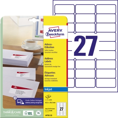 Etikett Zweckf. J4792-25 63,5x29,6mm Inkjet-adress, WEIß