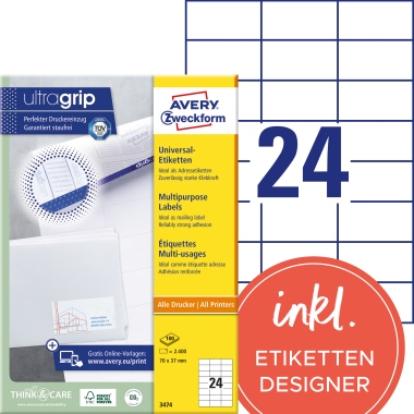 Etikett Avery Zweckform 3474 70x37mm weiß 2.400 St.