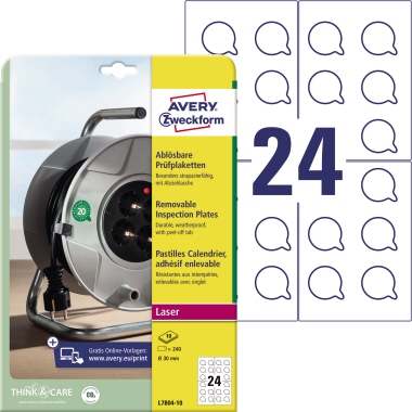 Prüfplaketten Avery Zweckform L7804-10 A5 Ø-30mm weiß 240 Stück