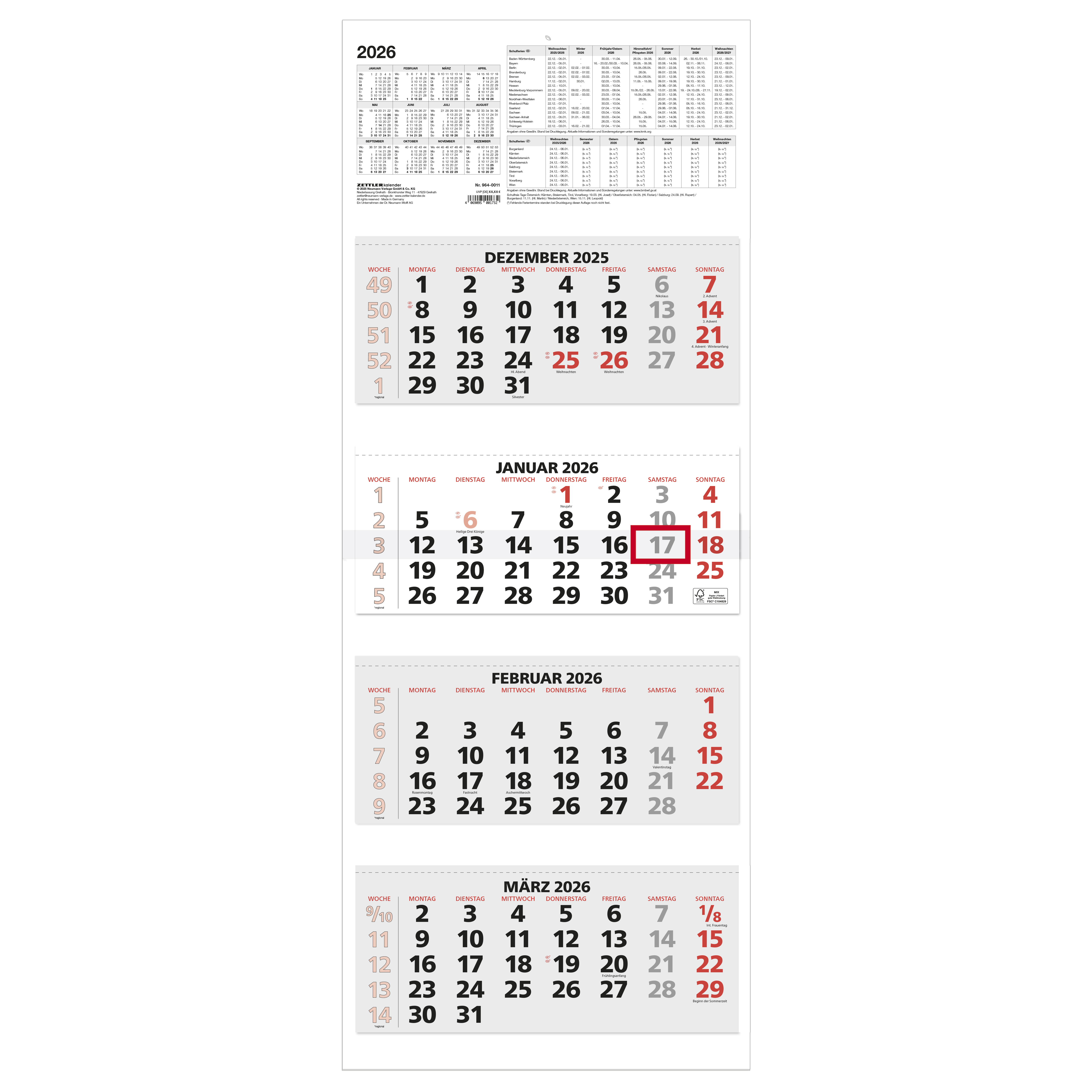 Viermonatskalender Zettler 964-0011 rot 