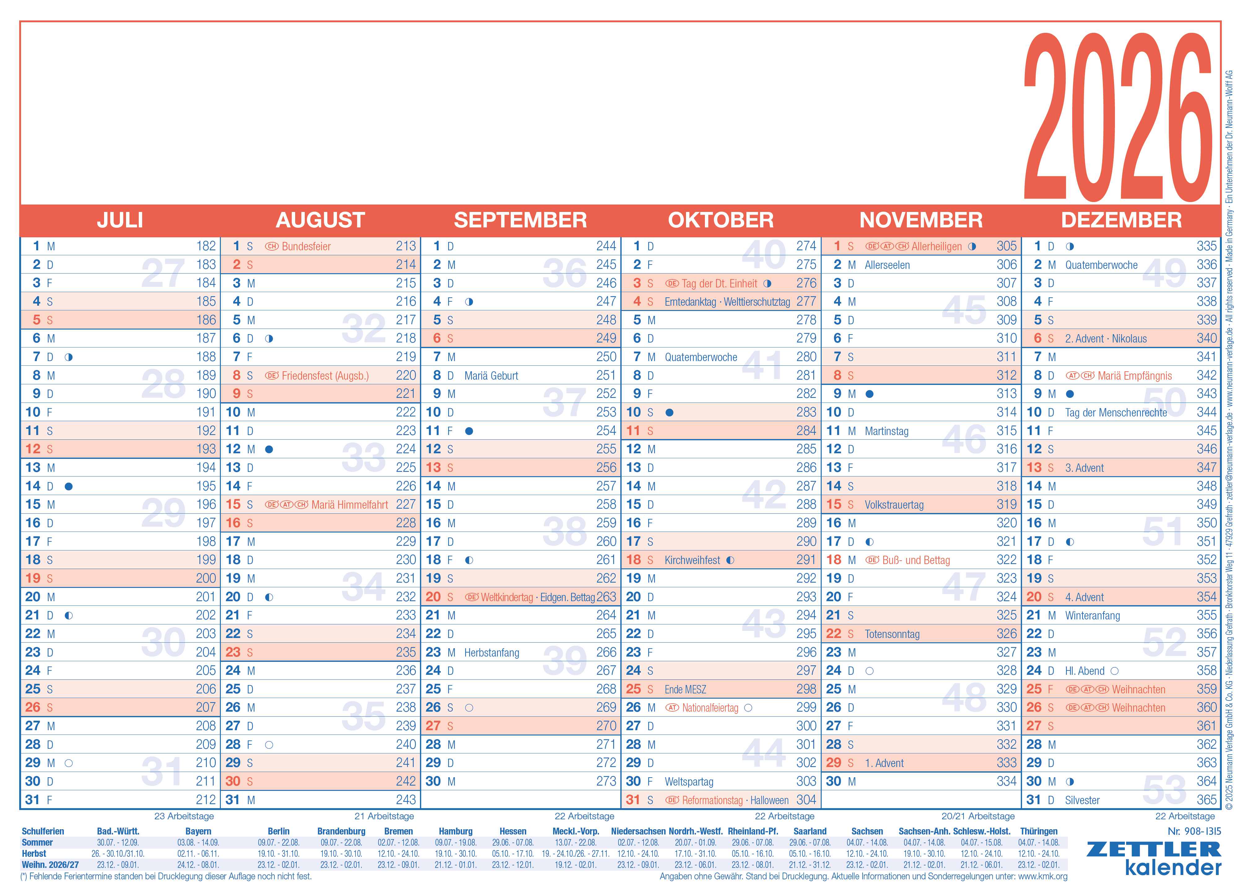 Tafelkalender Zettler 908-1315 A4 1S/6M 29x21cm, Sonn-und Feiertage Hervorgehob